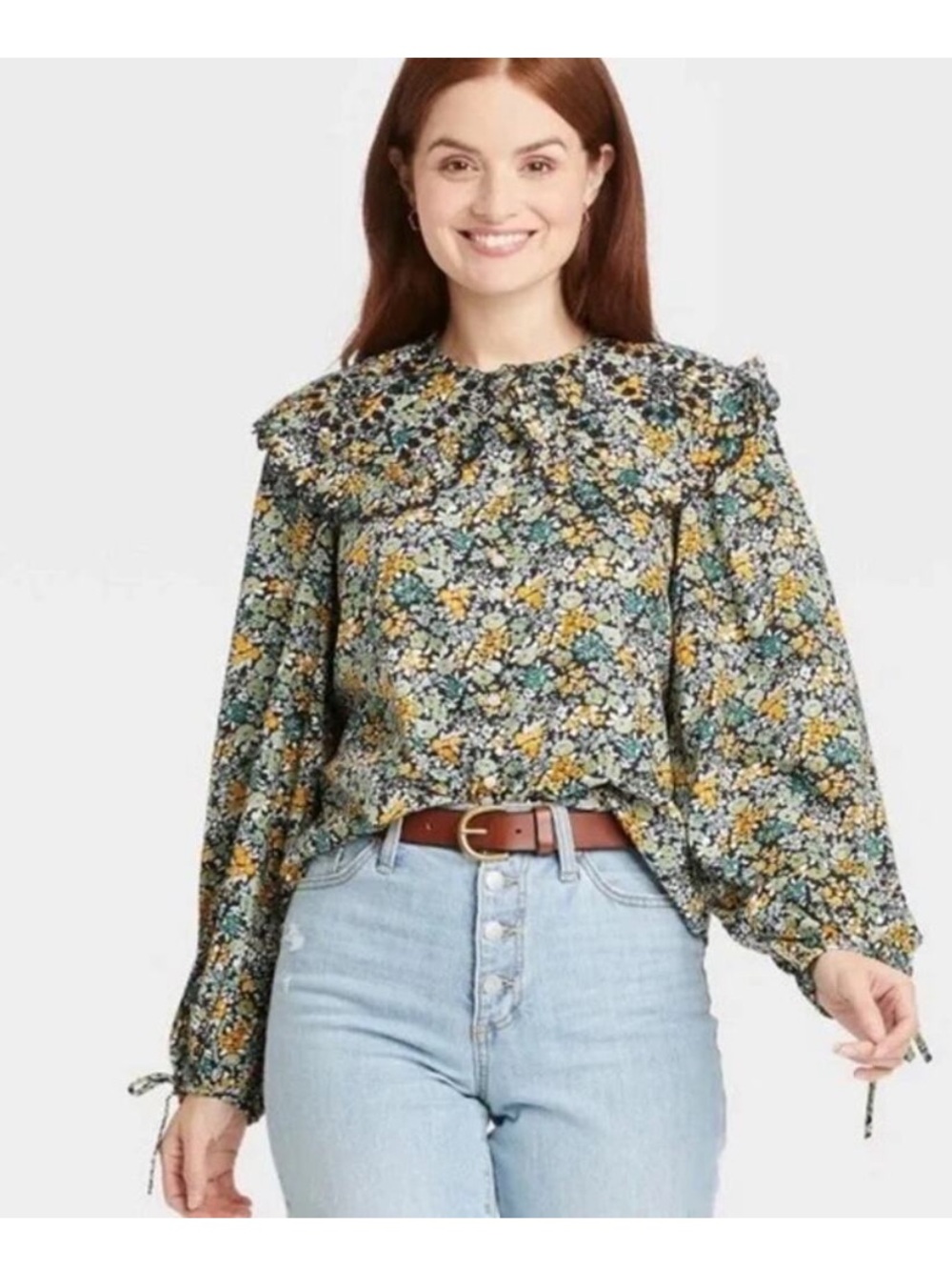 Universal Thread Multi-Color Floral Ruffle-Neck Blouse